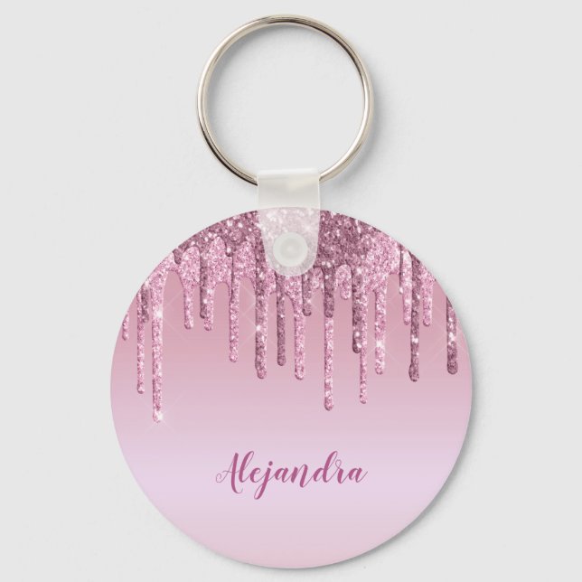 Elegant stylish pink rose gold glitter drips keychain (Front)