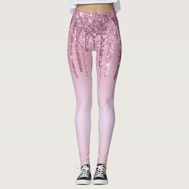 Elegant stylish pink rose gold glitter drips leggings (Front)