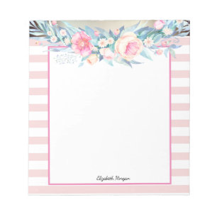 Elegant Stylish Pink  Stripes,Watercolor Flowers Notepad
