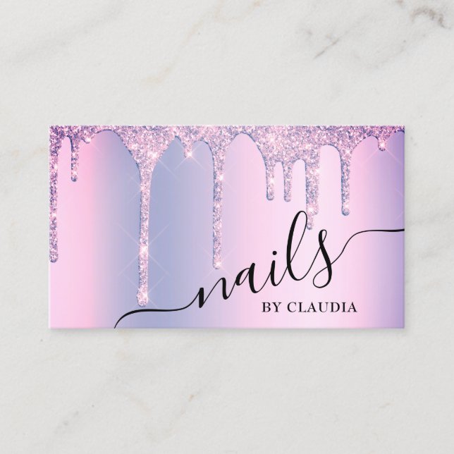 Elegant stylish purple glitter drips nails business card (Front)