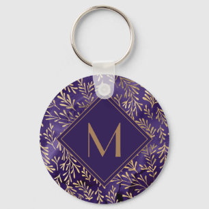 Elegant Stylish Purple Gold Leaves Monogram Keychain