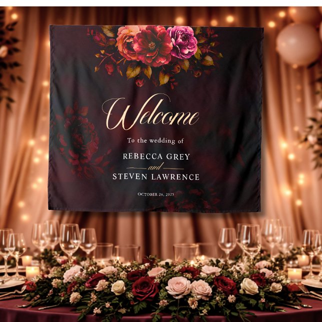 Elegant stylish red black floral wedding welcome  tapestry (Creator Uploaded)