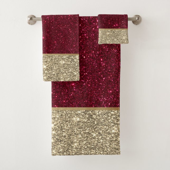 Elegant Stylish Red Gold Glitter Shiny  Bath Towel Set (Insitu)
