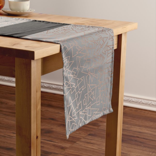 Elegant stylish rose gold geometric pattern grey short table runner (In Situ)