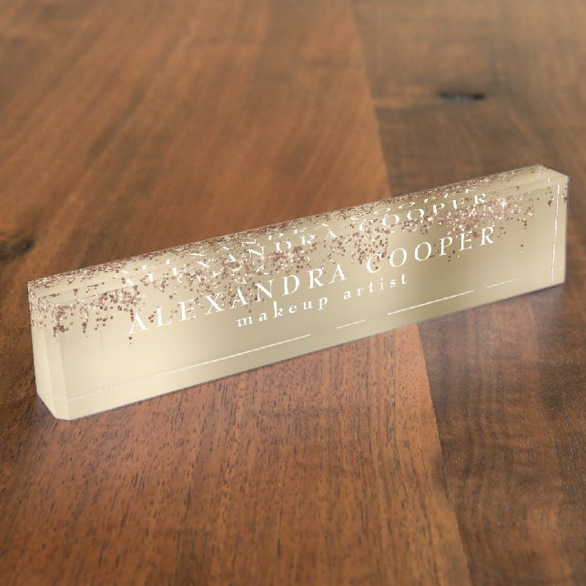 Elegant stylish rose gold glitter makeup artist nameplate (Side)