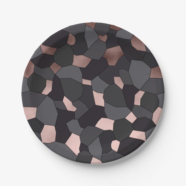 Elegant stylish rose gold grey and black mosaic paper plate (Front)