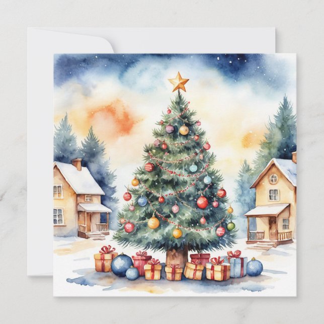 Elegant Stylish Rustic Watercolor Christmas Tree  Holiday Card (Front)