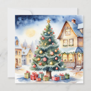 Elegant Stylish Rustic Watercolor Christmas Tree  Holiday Card