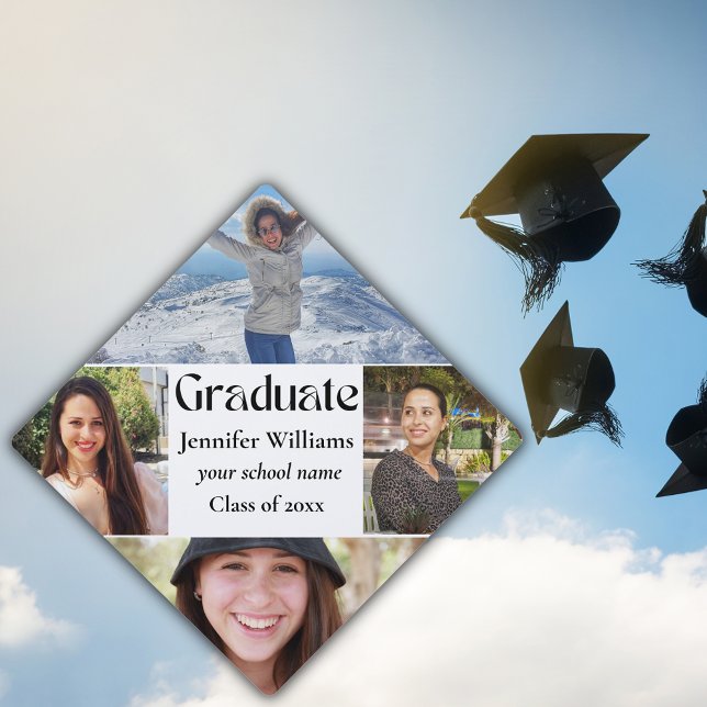 elegant stylish script 4 photos collage graduation cap topper (Creator Uploaded)