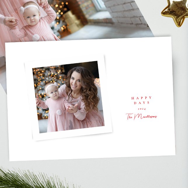 elegant stylish script red white happy days photo holiday card (Creator Uploaded)