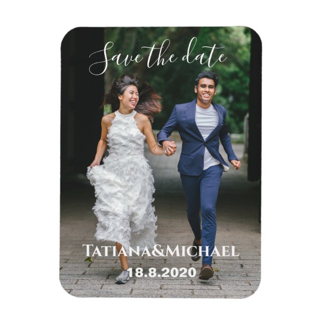 elegant stylish script,save the date photo wedding magnet (Vertical)