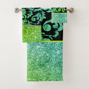 Elegant Stylish Shiny Green Black Gold Swirls Bath Towel Set