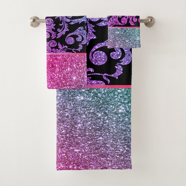 Elegant Stylish Shiny Purple Black Gold Swirls Bath Towel Set (Insitu)