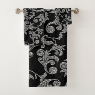 Elegant Stylish Silver  Black Gold Swirls Bath Towel Set