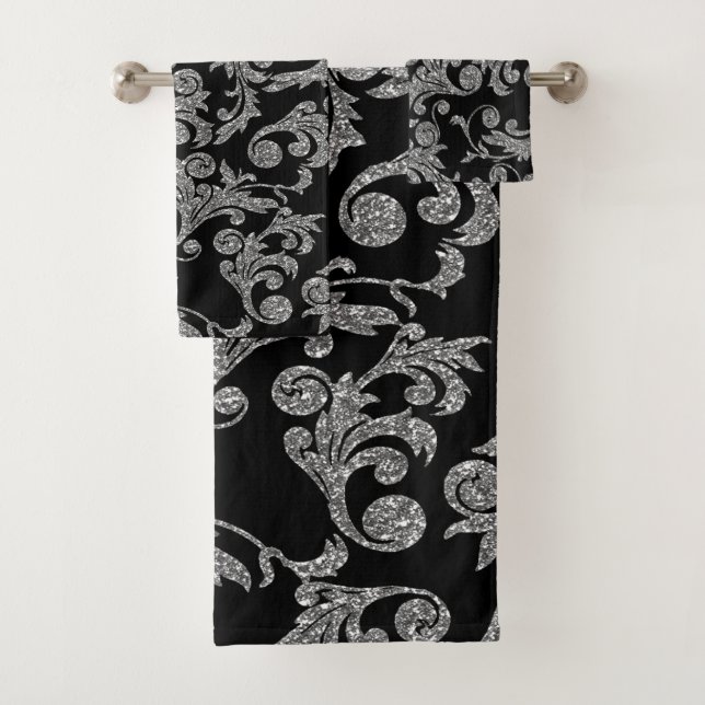 Elegant Stylish Silver  Black Gold Swirls Bath Towel Set (Insitu)