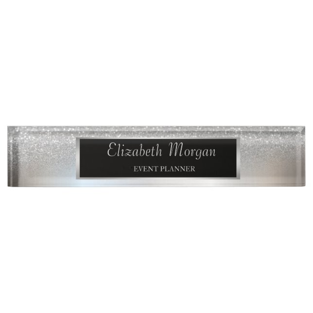 Elegant Stylish Silver Glitter Bokeh Ombre , Frame Nameplate (Front)