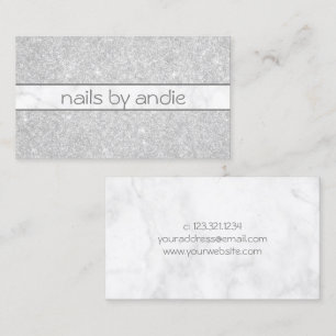 Elegant stylish silver glitter white marble nails business card