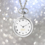 Elegant Stylish Silver Monogrammed Necklace Watch<br><div class="desc">Create your own custom, personalized, elegant stylish unique classy faux gold black and white hours, monogrammed, womens, alloy case and chain, silver necklace watch. Simply type in your name / monogram / initials, to customize. Makes a great gift, for birthday, graduation, mothers day, christmas, holidays, wedding, marriage anniversary, valentines day,...</div>