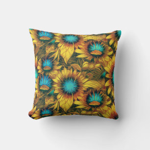 Elegant Stylish Sunflower Yellow Teal Floral  Throw Pillow