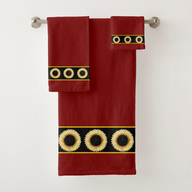Elegant, Stylish Sunflowers on Maroon Bath Towel Set (Insitu)