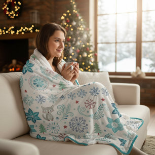 Elegant Stylized Snowflakes Fox & Christmas Tree Sherpa Blanket