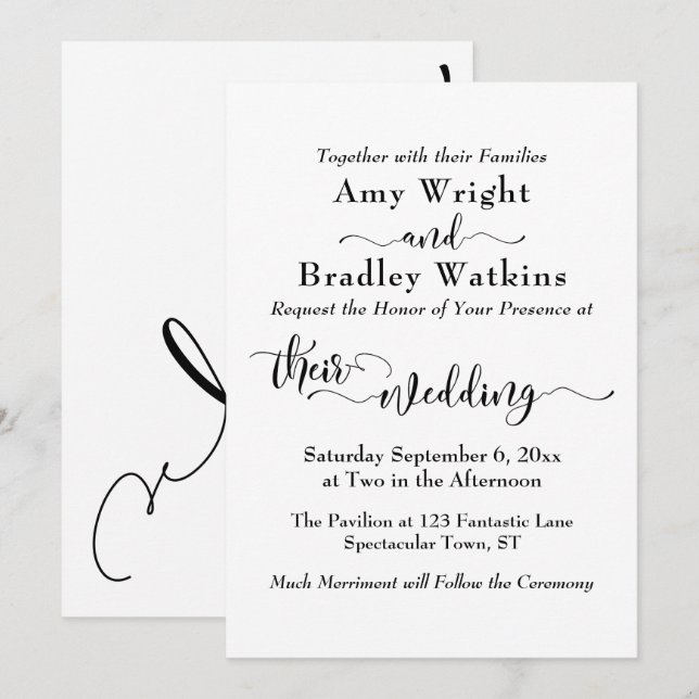 Elegant Subtle Typography, Black on White Wedding Invitation (Front/Back)