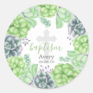 Elegant Succulent Cross Baby Baptism Religious Classic Round Sticker