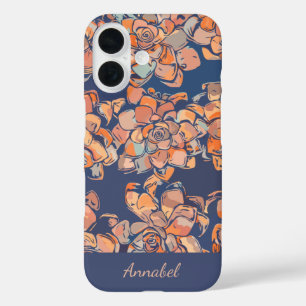 Elegant Succulent Floral Custom Name Navy Blue iPhone 16 Case