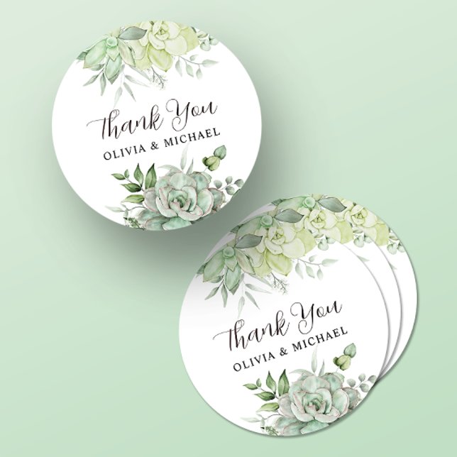 Elegant Succulent Greenery Wedding Thank You  Classic Round Sticker (Creator Uploaded)