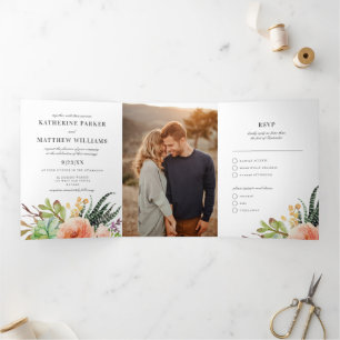 Elegant Succulent Rose All-In-One Wedding Photo Tri-Fold Invitation