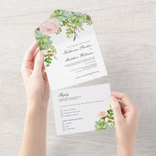 Elegant Succulent Rose Garden Boho Wedding All In One Invitation