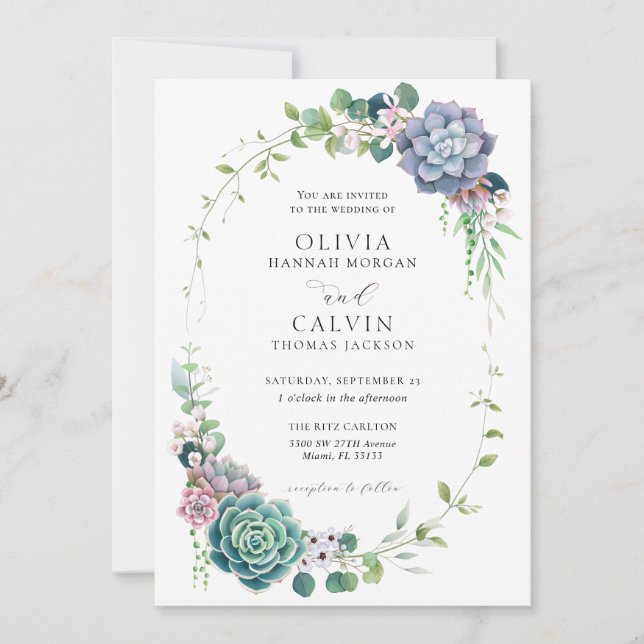 Elegant Succulent Wreath Wedding Invitation (Front)