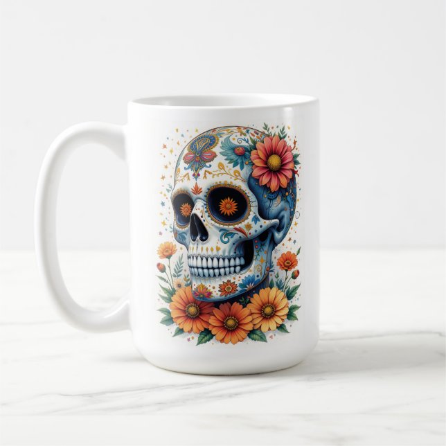 Elegant Sugar Skull with Flowers  Coffee Mug (Left)