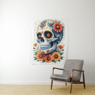 Elegant Sugar Skull with Flowers Tapestry