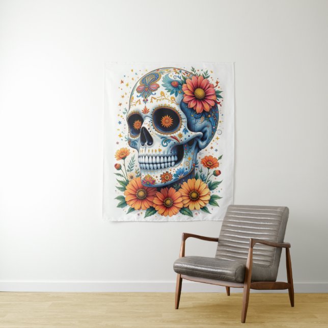 Elegant Sugar Skull with Flowers  Tapestry (In Situ)