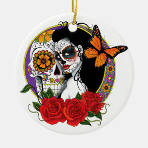 Elegant Sugar Skulls Monarch Red Roses Art Nouveau Ceramic Ornament