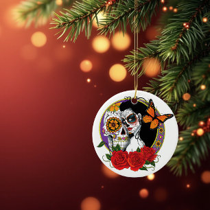 Elegant Sugar Skulls Monarch Red Roses Art Nouveau Ceramic Ornament