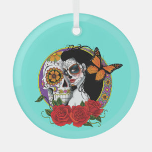 Elegant Sugar Skulls Monarch Red Roses Art Nouveau Glass Ornament