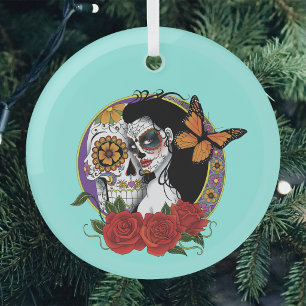 Elegant Sugar Skulls Monarch Red Roses Art Nouveau Glass Ornament