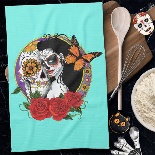 Elegant Sugar Skulls Monarch Red Roses Art Nouveau Kitchen Towel