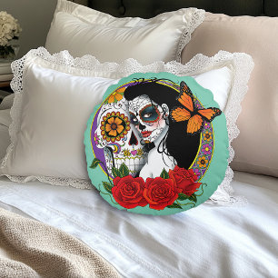 Elegant Sugar Skulls Monarch Red Roses Art Nouveau Round Pillow