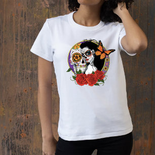 Elegant Sugar Skulls Monarch Red Roses Art Nouveau T-Shirt