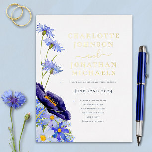 Elegant Summer Floral Blue and Gold Foil Invitation Postcard