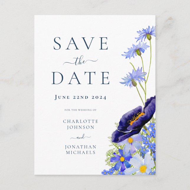 Elegant Summer Floral Blue Wedding Invitation Postcard (Front)