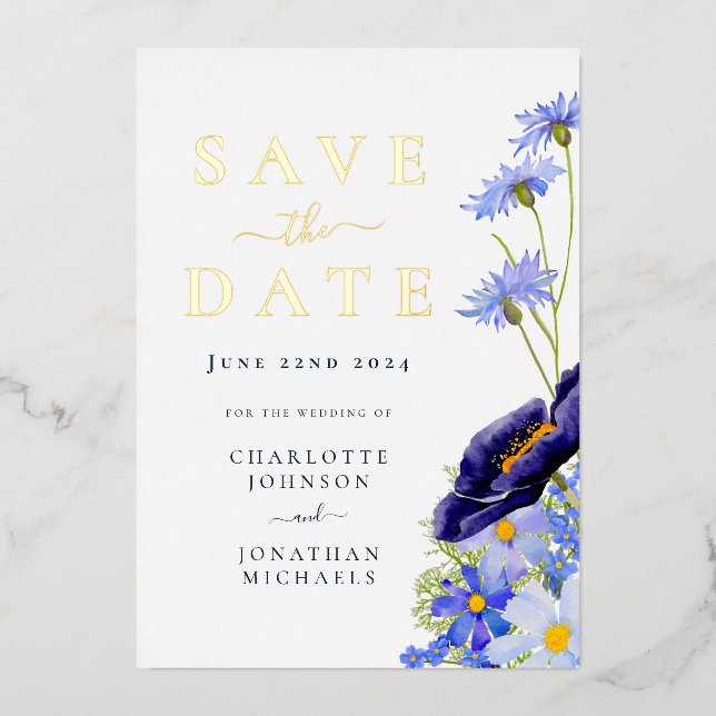 Elegant Summer Floral Gold Blue Wedding (Front)
