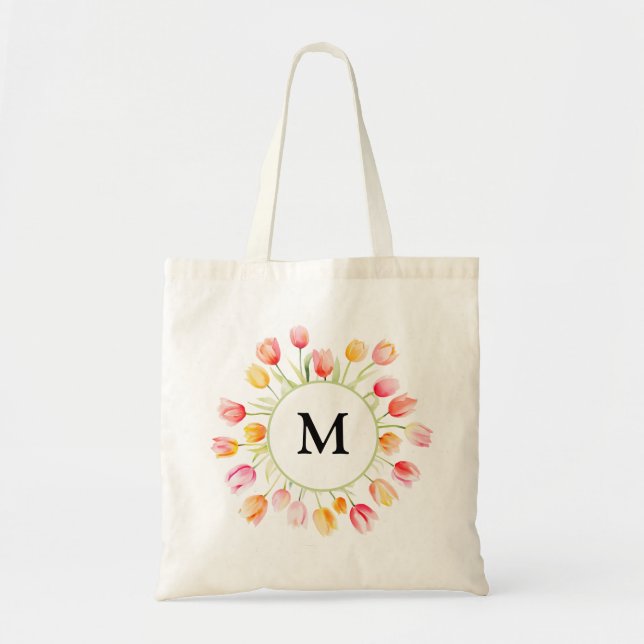 Elegant Summer Flower Tulip Pink Red Monogram Tote Bag (Front)