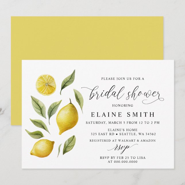 Elegant Summer Lemon Lime Citrus Bridal Shower  Invitation (Front/Back)