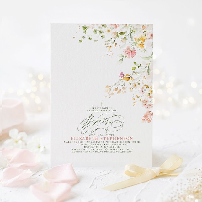 Elegant Summer Meadow Wildflowers Baptism Invitation (Watercolor Wildflowers Elegant Baptism Invitations for Girl)