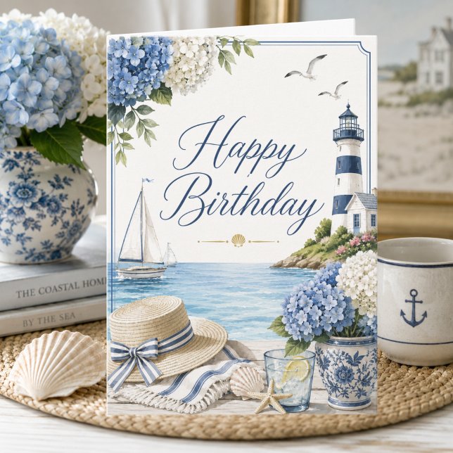 Elegant Summer Seaside & Hydrangeas Happy Birthday Card (Creator Uploaded)