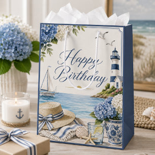 Elegant Summer Seaside & Hydrangeas Happy Birthday Medium Gift Bag
